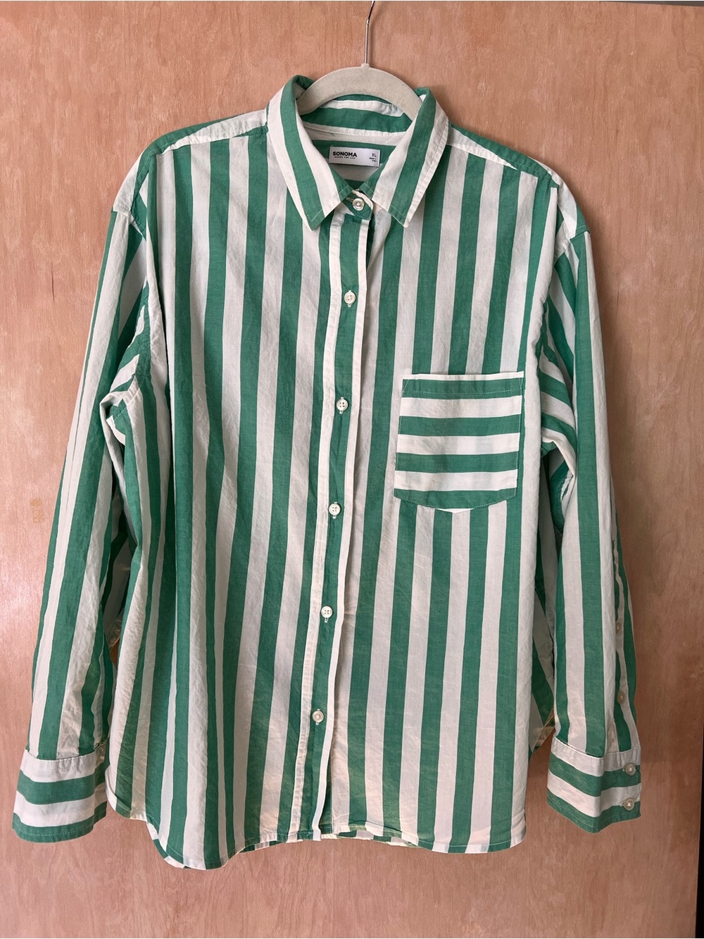 Sonoma Green and White Vertical Stripe Button-Down Shirt
